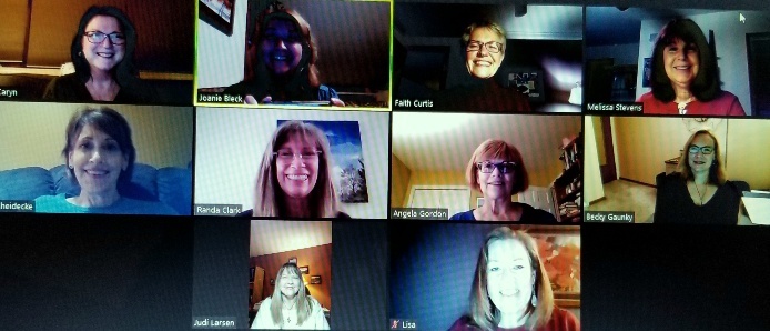 screenshot of 8 women who appear white, each in a box in a Zoom meeting