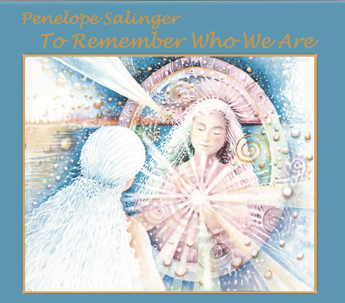 CD cover in pastel watercolors dominated by turquoise. A woman with long hair is facing an image of another woman with rays coming from her heart.