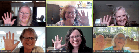 Screenshot of 6 women smiling and waving on Zoom