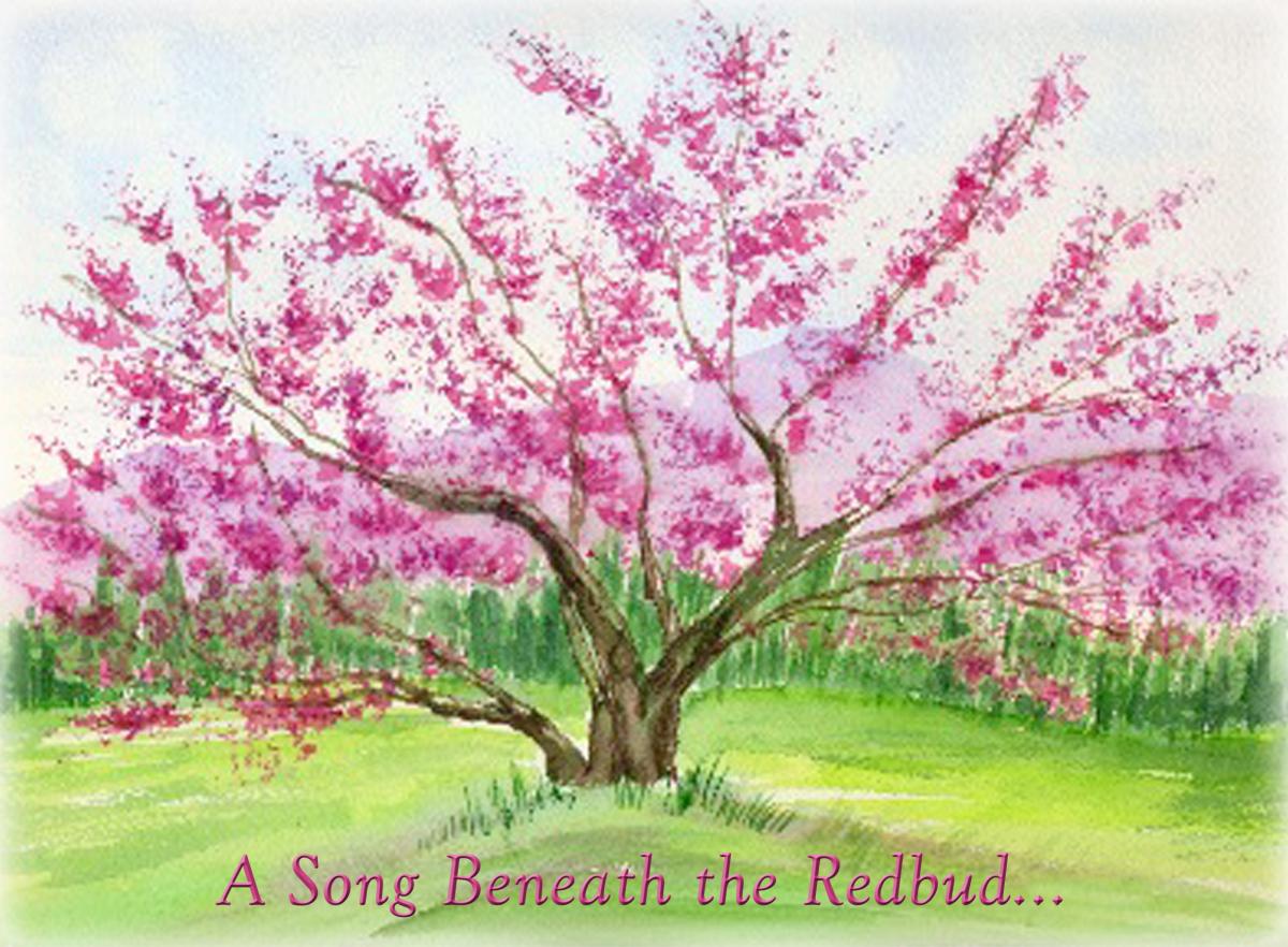 watercolor of a tree covered with pink blossoms, growing out of a light green lawn