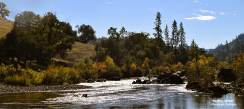 River surrounded by rocks, trees, and hills